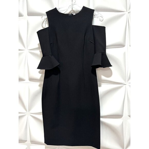 Rickie Freeman Teri Jon Sz 4 Black Cold Shoulder Ruffle Sleeve Sheath Midi Dress - Picture 2 of 6
